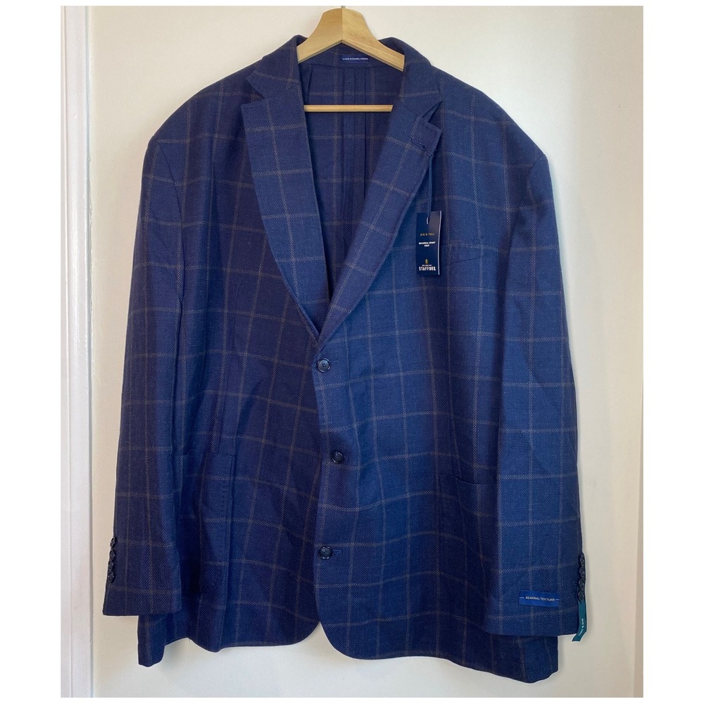 NWT Stafford Sport Coat 54R Navy Windowpane Wool Blend Big & Tall Professional